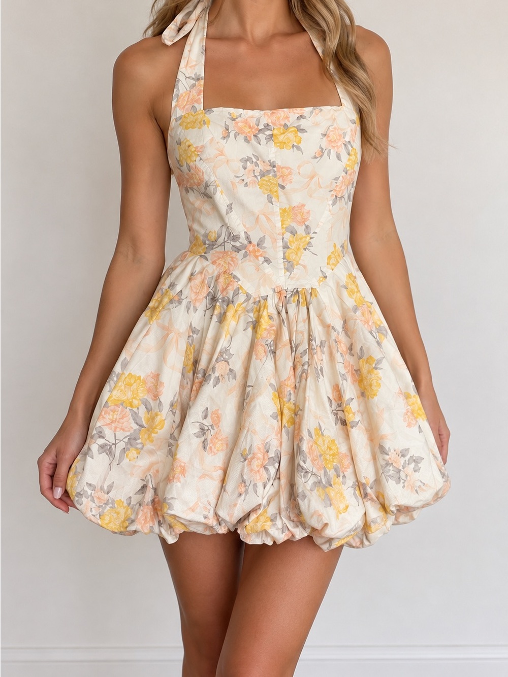 Olivaceous Cream Halter Dress with Yellow & Peach Floral Print